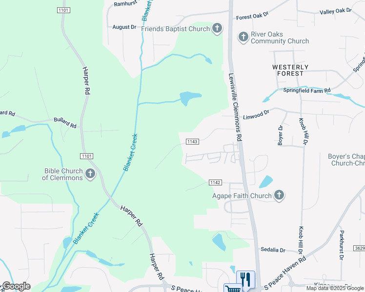 map of restaurants, bars, coffee shops, grocery stores, and more near Wishon Road in Clemmons