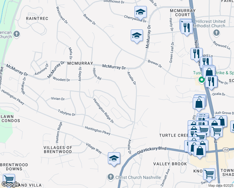 map of restaurants, bars, coffee shops, grocery stores, and more near 494 Huntington Ridge Drive in Nashville
