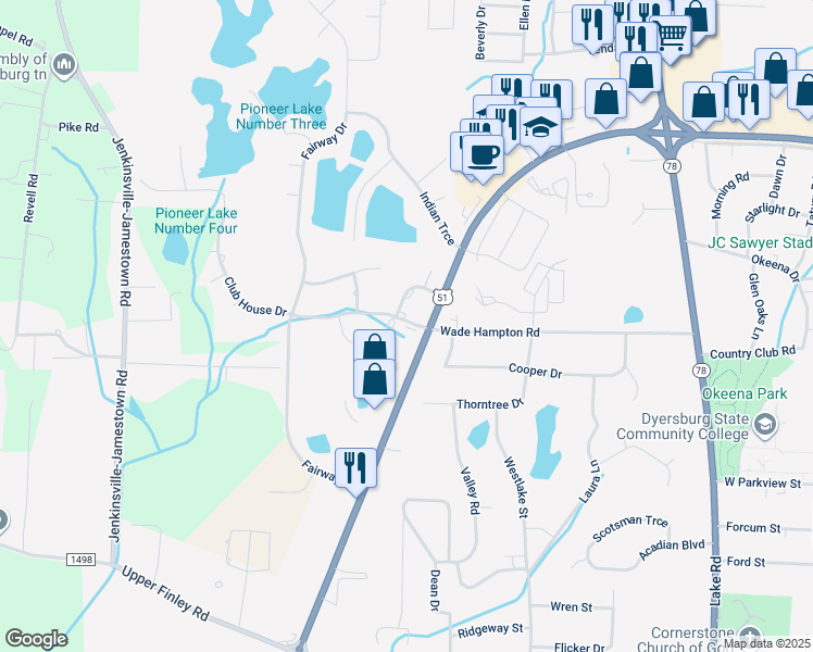 map of restaurants, bars, coffee shops, grocery stores, and more near 1876 U.S. 51 Bypass in Dyersburg