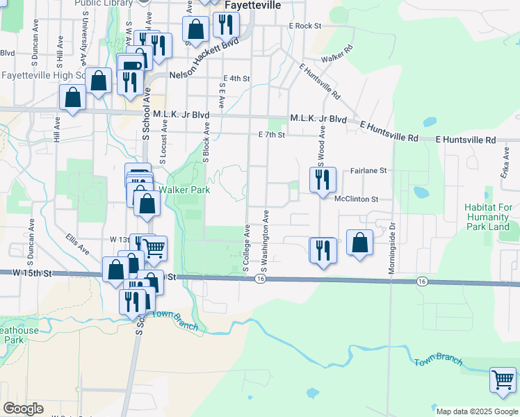 map of restaurants, bars, coffee shops, grocery stores, and more near 1180 South College Avenue in Fayetteville