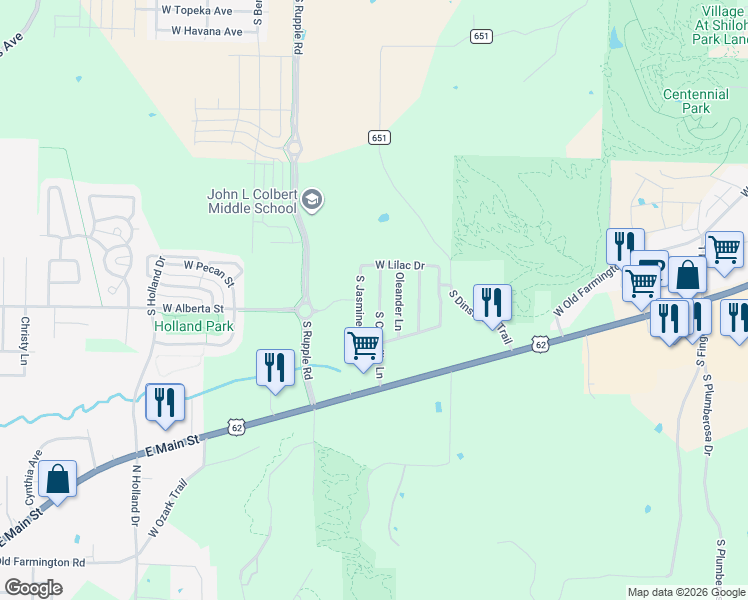 map of restaurants, bars, coffee shops, grocery stores, and more near 1324 South Camellia Lane in Fayetteville