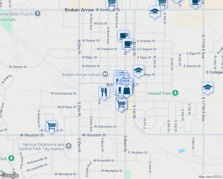 map of restaurants, bars, coffee shops, grocery stores, and more near 221 West Commercial Street in Broken Arrow