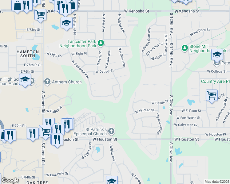 map of restaurants, bars, coffee shops, grocery stores, and more near 216 West 2nd Place in Broken Arrow