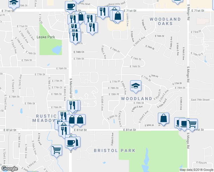 map of restaurants, bars, coffee shops, grocery stores, and more near 8607 East 78th Place in Tulsa