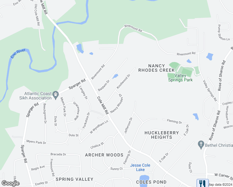 map of restaurants, bars, coffee shops, grocery stores, and more near 3620 Knollwood Drive in Durham