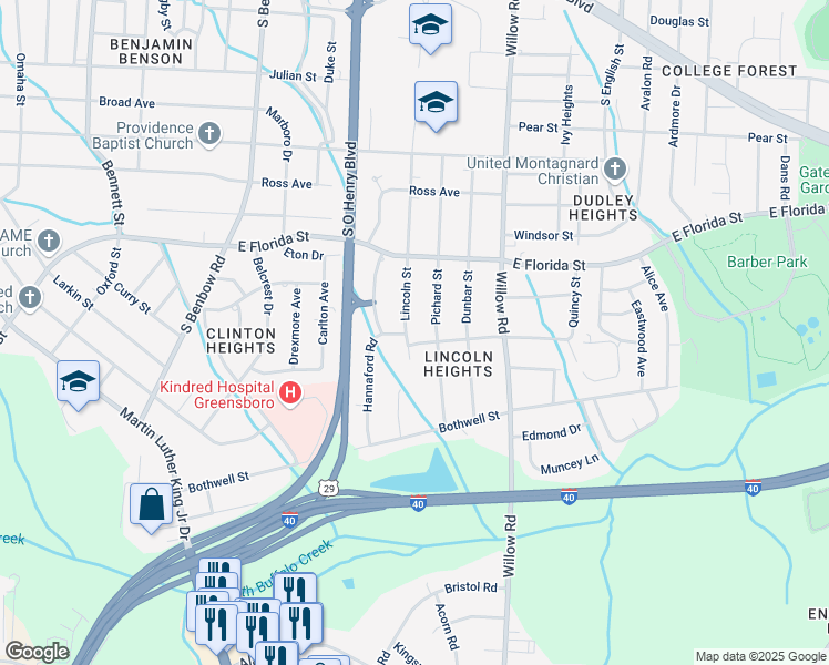 map of restaurants, bars, coffee shops, grocery stores, and more near 1701 Lincoln Street in Greensboro