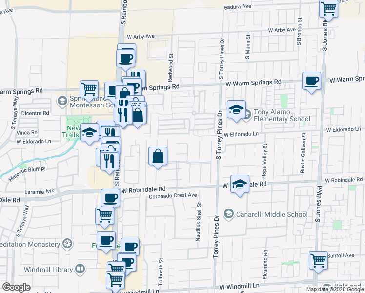 map of restaurants, bars, coffee shops, grocery stores, and more near 6639 Tranquil Seas Court in Las Vegas