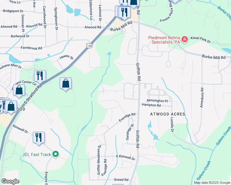 map of restaurants, bars, coffee shops, grocery stores, and more near 3529 Old Grist Court in Winston-Salem