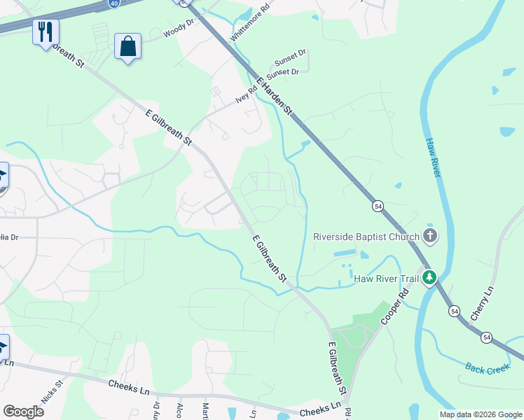 map of restaurants, bars, coffee shops, grocery stores, and more near 1126 East Gilbreath Street in Graham