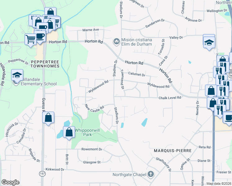 map of restaurants, bars, coffee shops, grocery stores, and more near 2402 Stadium Drive in Durham