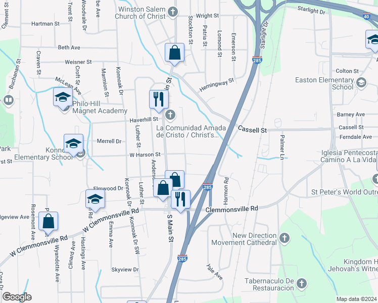 map of restaurants, bars, coffee shops, grocery stores, and more near 105 East Harson Street in Winston-Salem