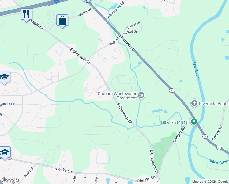 map of restaurants, bars, coffee shops, grocery stores, and more near 1115 E Gilbreath St in Graham