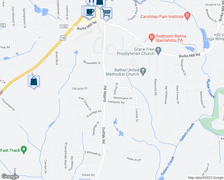 map of restaurants, bars, coffee shops, grocery stores, and more near 3351 Myers Court in Winston-Salem