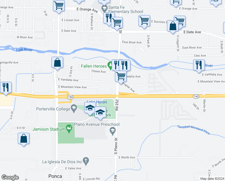 map of restaurants, bars, coffee shops, grocery stores, and more near 368 East Poplar Avenue in Porterville