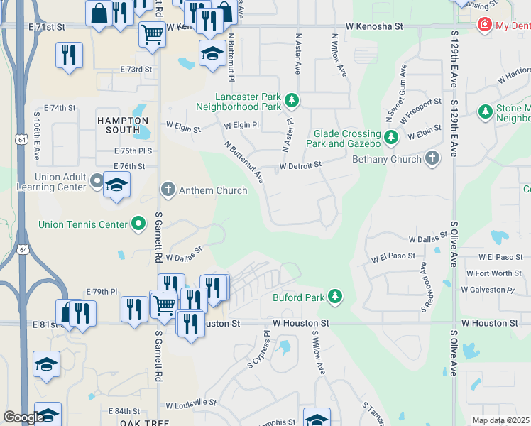 map of restaurants, bars, coffee shops, grocery stores, and more near 100 North Butternut Avenue in Broken Arrow