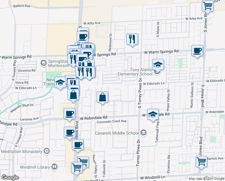 map of restaurants, bars, coffee shops, grocery stores, and more near 6687 Tranquil Seas Court in Las Vegas