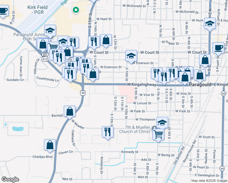 map of restaurants, bars, coffee shops, grocery stores, and more near 511 South 12th Street in Paragould