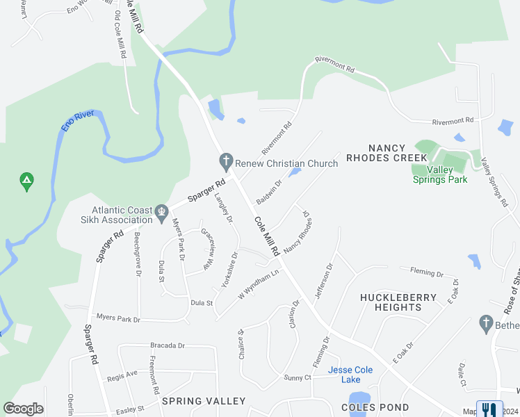 map of restaurants, bars, coffee shops, grocery stores, and more near 3714 Cole Mill Road in Durham