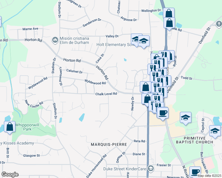 map of restaurants, bars, coffee shops, grocery stores, and more near 811 Horton Road in Durham