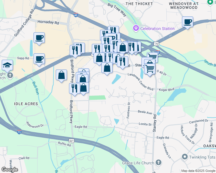 map of restaurants, bars, coffee shops, grocery stores, and more near 5418 Strasburg Court in Greensboro