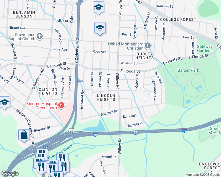 map of restaurants, bars, coffee shops, grocery stores, and more near 1616 Willow Road in Greensboro