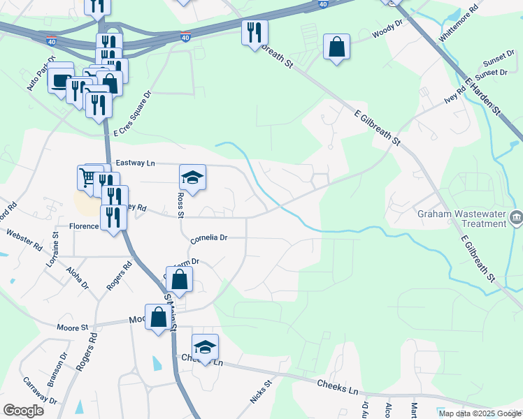 map of restaurants, bars, coffee shops, grocery stores, and more near 516 Ivey Road in Graham