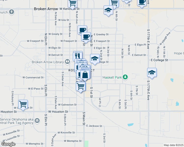 map of restaurants, bars, coffee shops, grocery stores, and more near West Broadway Place in Broken Arrow
