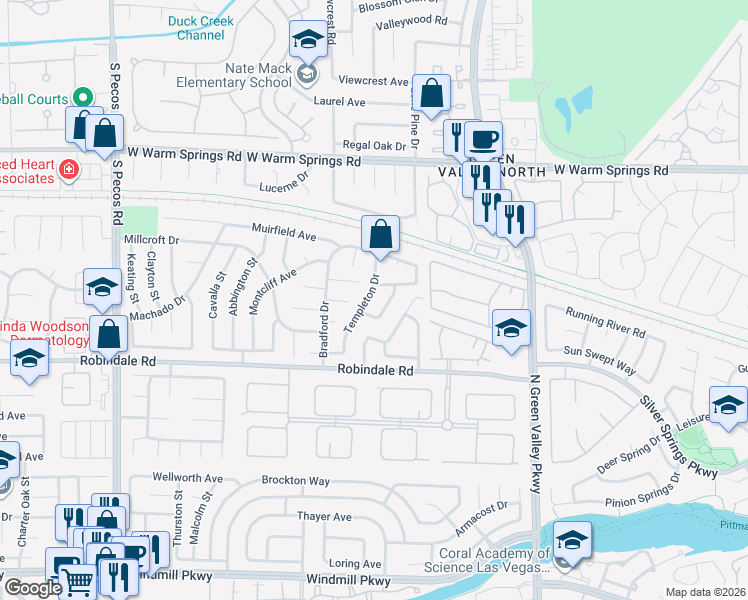 map of restaurants, bars, coffee shops, grocery stores, and more near 340 Templeton Drive in Henderson