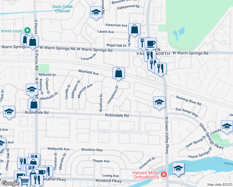 map of restaurants, bars, coffee shops, grocery stores, and more near 340 Templeton Drive in Henderson