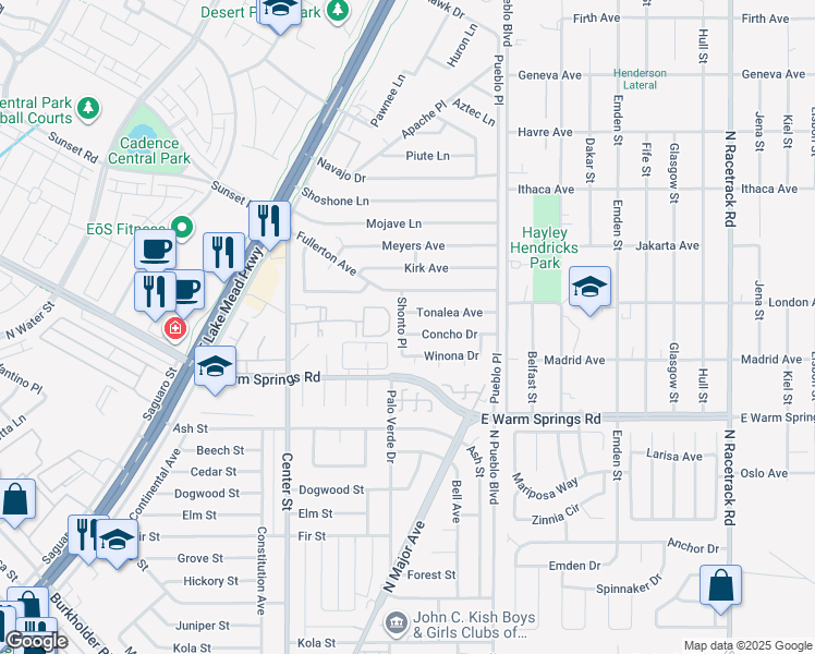 map of restaurants, bars, coffee shops, grocery stores, and more near 1120 Shonto Place in Henderson