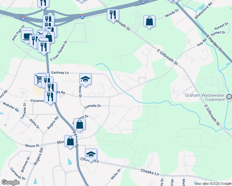 map of restaurants, bars, coffee shops, grocery stores, and more near 516 Ivey Road in Graham