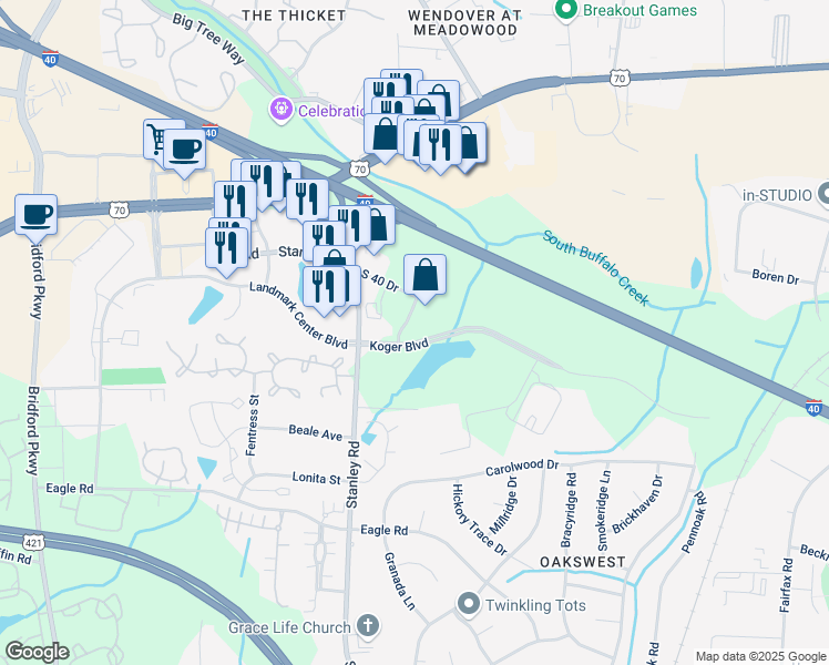 map of restaurants, bars, coffee shops, grocery stores, and more near 1601 Stanley Road in Greensboro
