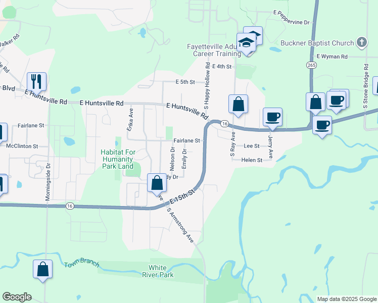 map of restaurants, bars, coffee shops, grocery stores, and more near 1727-1759 Fairlane Street in Fayetteville