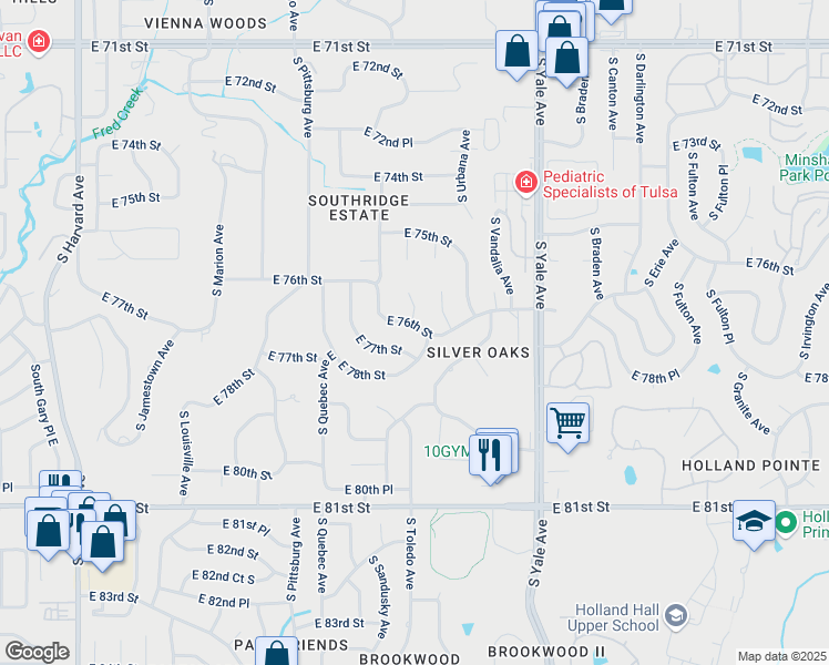 map of restaurants, bars, coffee shops, grocery stores, and more near 7551 South Sandusky Avenue in Tulsa