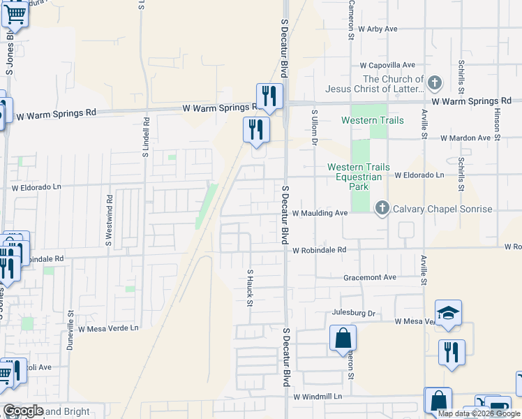 map of restaurants, bars, coffee shops, grocery stores, and more near 7542 South Desert Lupine Street in Las Vegas