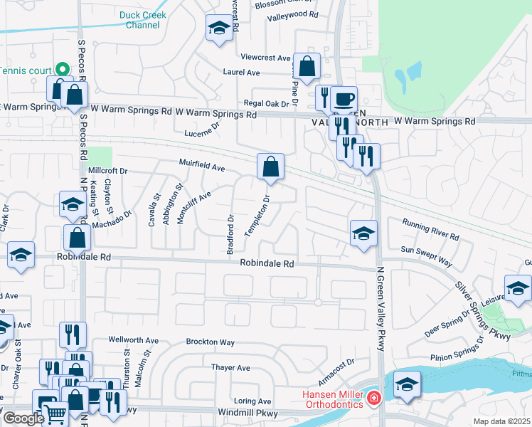 map of restaurants, bars, coffee shops, grocery stores, and more near 340 Templeton Drive in Henderson