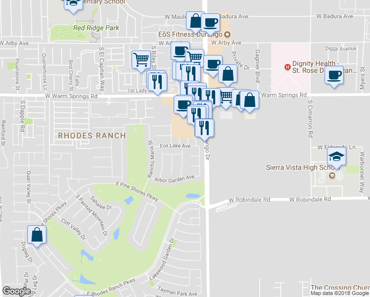 map of restaurants, bars, coffee shops, grocery stores, and more near 343 Fox Lake Avenue in Las Vegas