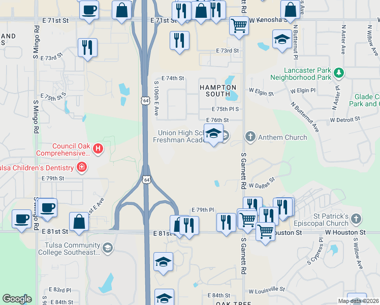 map of restaurants, bars, coffee shops, grocery stores, and more near 7616 S Garnett Rd in Broken Arrow