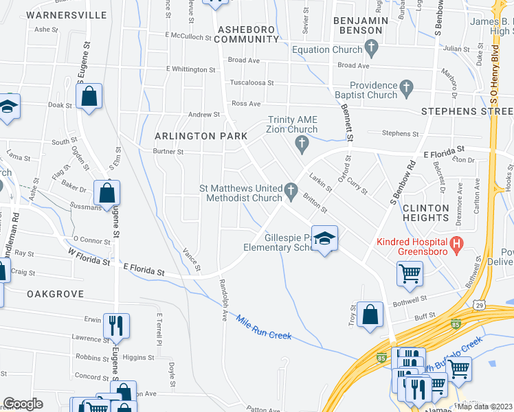 map of restaurants, bars, coffee shops, grocery stores, and more near 1506 Plymouth Street in Greensboro