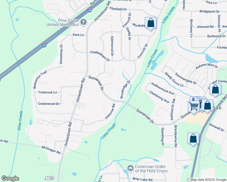 map of restaurants, bars, coffee shops, grocery stores, and more near 4 Keswick Court in Winston-Salem