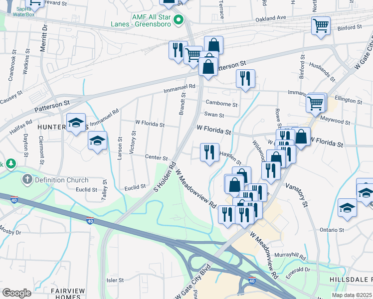 map of restaurants, bars, coffee shops, grocery stores, and more near 1413 Brandt Street in Greensboro