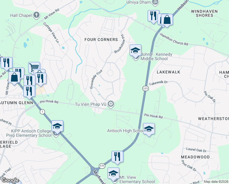 map of restaurants, bars, coffee shops, grocery stores, and more near 1209 Silverstream Point in Nashville