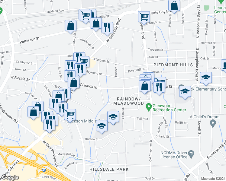 map of restaurants, bars, coffee shops, grocery stores, and more near 2213 West Florida Street in Greensboro