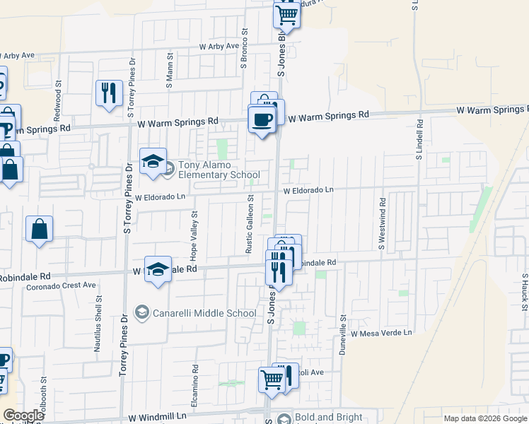 map of restaurants, bars, coffee shops, grocery stores, and more near 6106 Squil Chuck Court in Las Vegas
