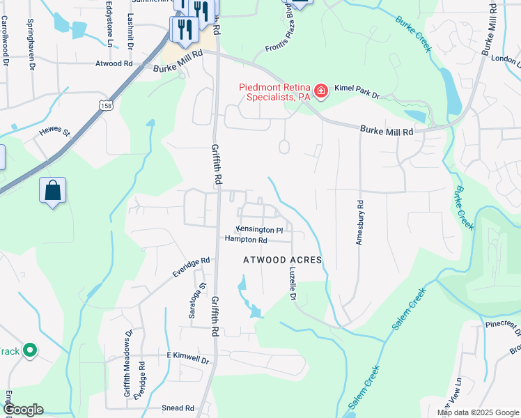 map of restaurants, bars, coffee shops, grocery stores, and more near 20 Scott Hollow Drive in Winston-Salem
