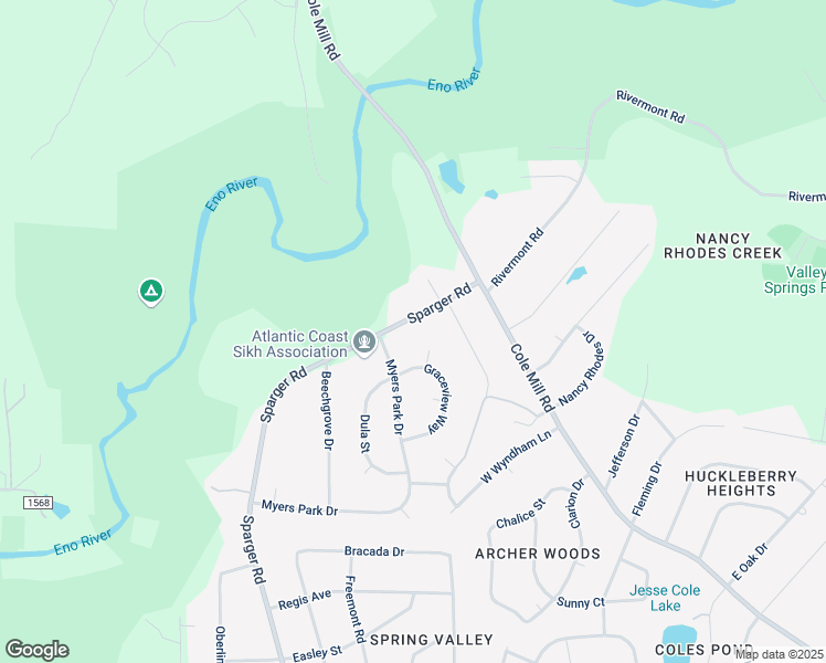 map of restaurants, bars, coffee shops, grocery stores, and more near 3212 Sparger Road in Durham