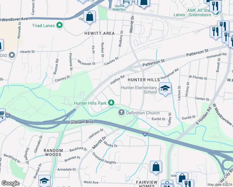 map of restaurants, bars, coffee shops, grocery stores, and more near 1311 Juniper Street in Greensboro