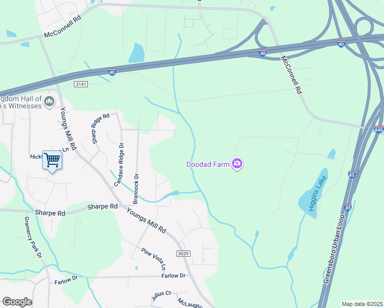 map of restaurants, bars, coffee shops, grocery stores, and more near 4703 Land Road in Greensboro