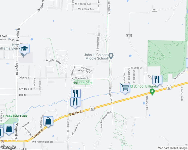 map of restaurants, bars, coffee shops, grocery stores, and more near 4318 West Pecan Street in Fayetteville