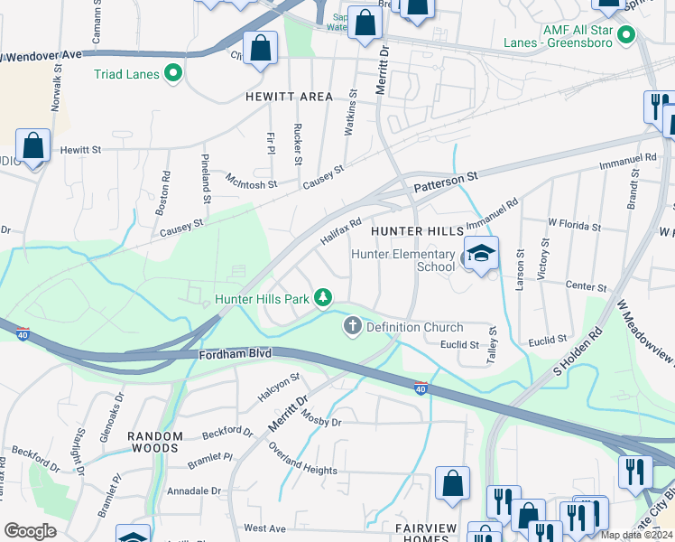 map of restaurants, bars, coffee shops, grocery stores, and more near 1311 Juniper Street in Greensboro